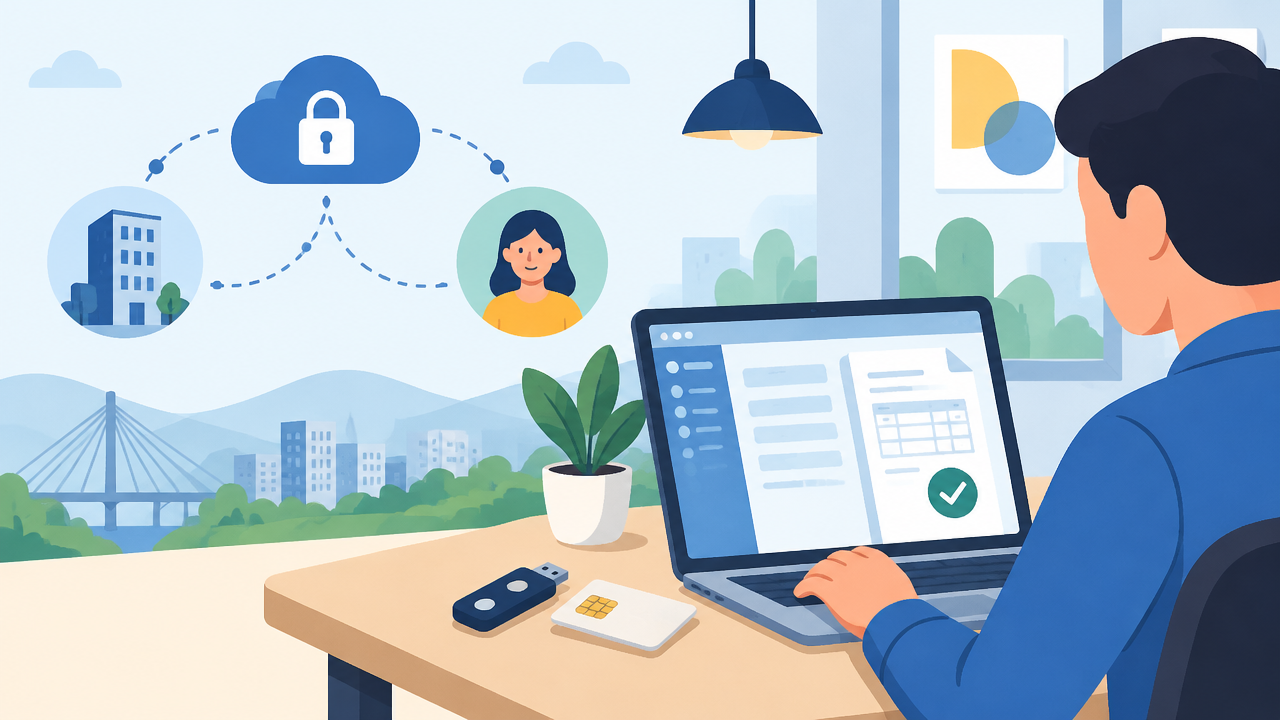 Empreendedora emitindo uma nota fiscal de serviço digital com certificado em notebook