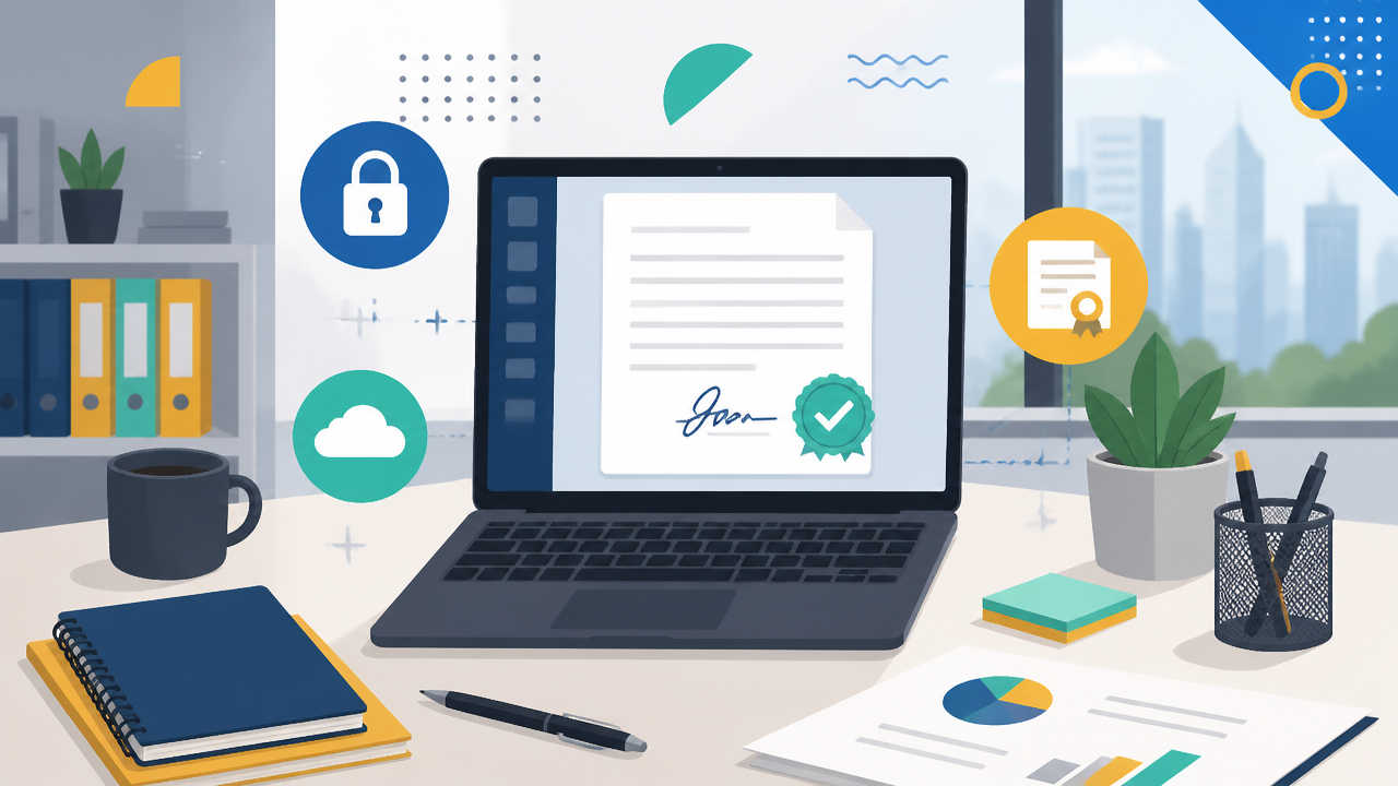 Ilustração de documento empresarial assinado digitalmente em notebook, com ícones de segurança e certificado