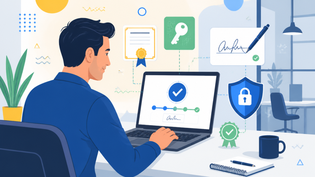 Profissional usando certificado digital no notebook com ícones de segurança e assinatura eletrônica